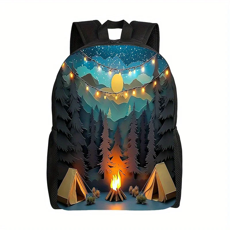 Lightweight Backpack Featuring a 2D Flat Print of a Forest Camping Scene, Equipped with Adjustable Shoulder Straps