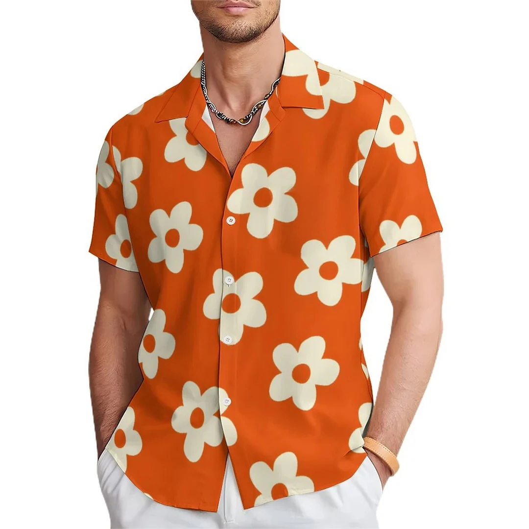 Floral Daisy Casual Men's Shirt Daily Out Summer Lapel Short Sleeve Purple Orange Flower Shirt Hawaii Shirt Casual Clothing