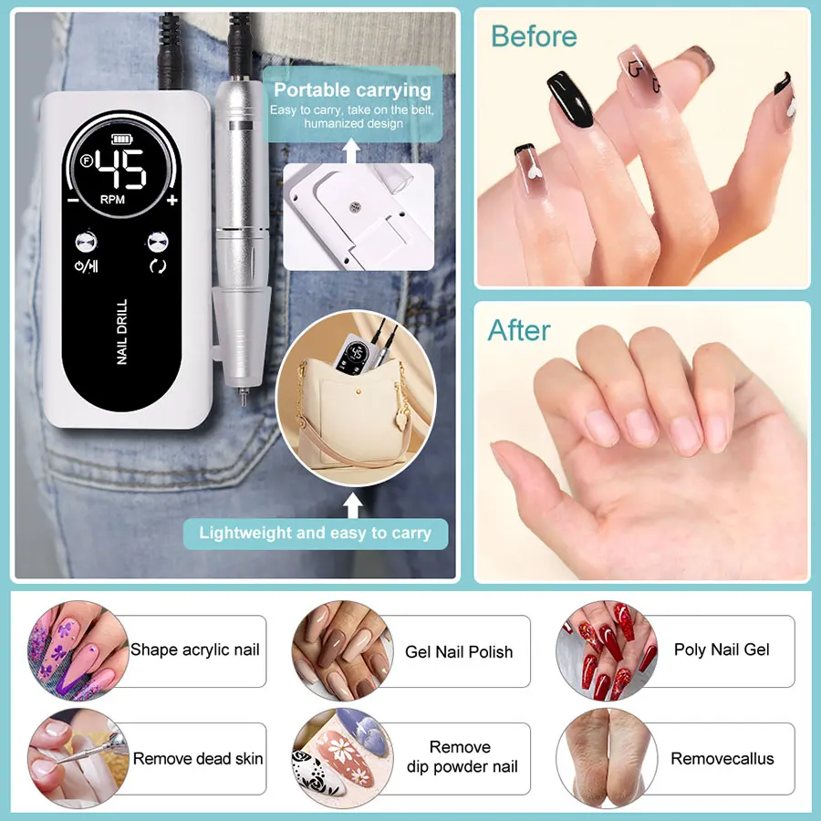 Perceuse à ongles électrique 45000 tr/min, Kit de lime à ongles électrique Portable et Rechargeable pour la maison, outil de polissage des ongles en Gel acrylique