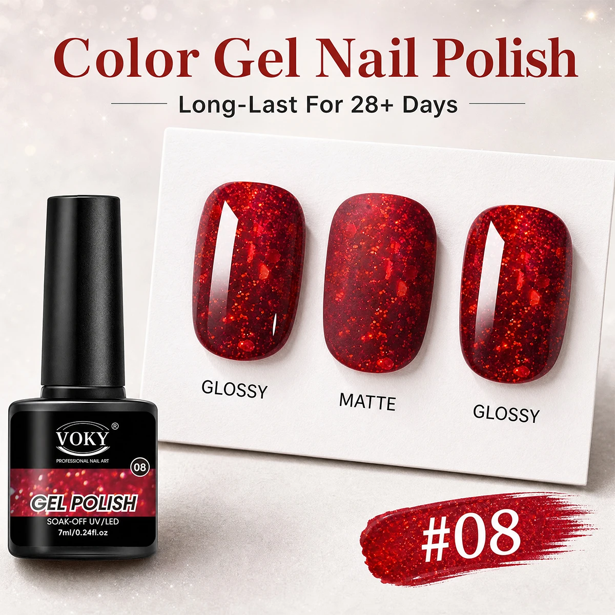 Red Glitter Shimmer Gel Nail Polish Single Bottle, Soak Off UV LED Nail Gel, DIY Home Manicure Holiday Nail Art