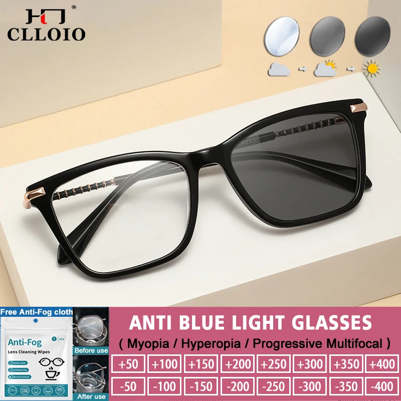 

CLLOIO New Design Square Frame Anti-blue Light Reading Glasses Acetate Women Photochromic Prescription UV Protection Eyeglasses