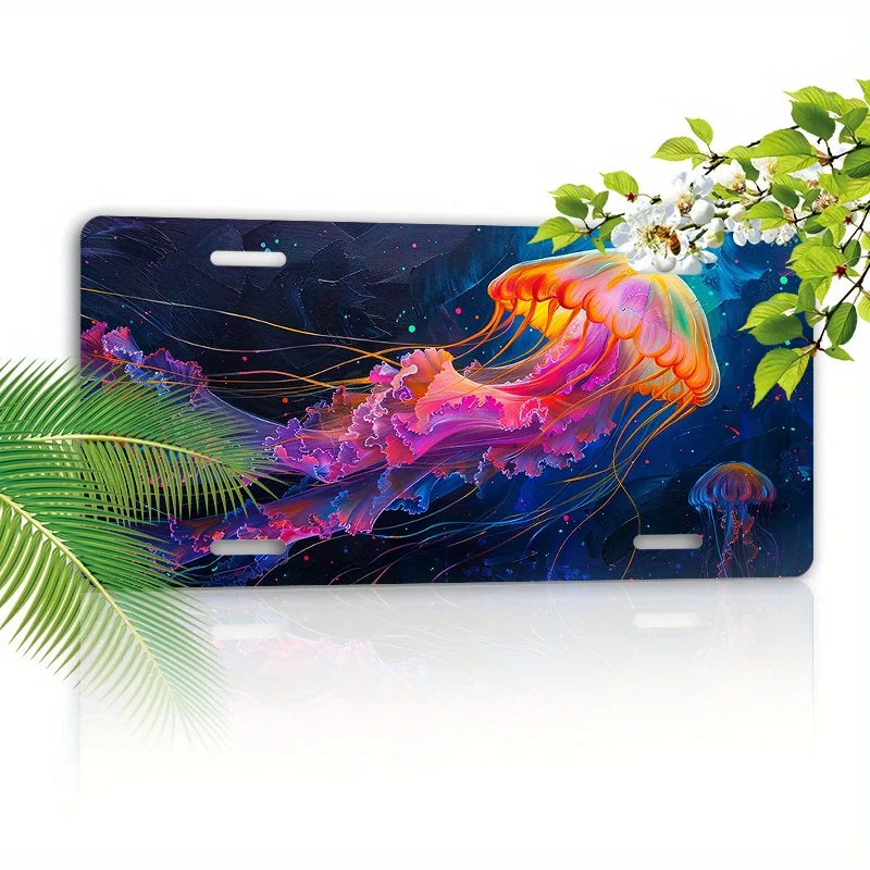 2D Flat 1pc Jellyfish License Plate Aluminum Car Plate for Men & Women, deal Gift for Room, Halloween & Christmas Decoration