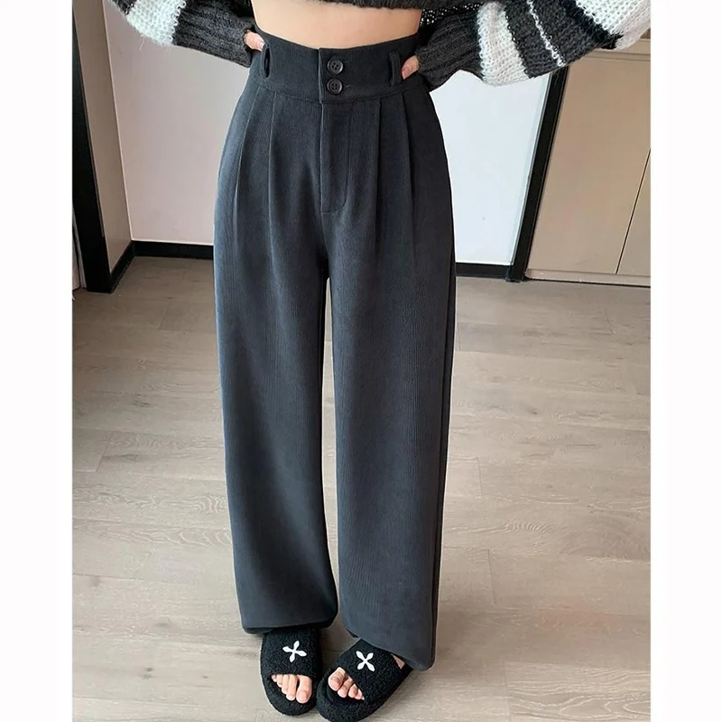2025 Female High Waist Double Button Pants Women Comfortable Straight Leg Trousers Girls Korean Fashion Daily Pants