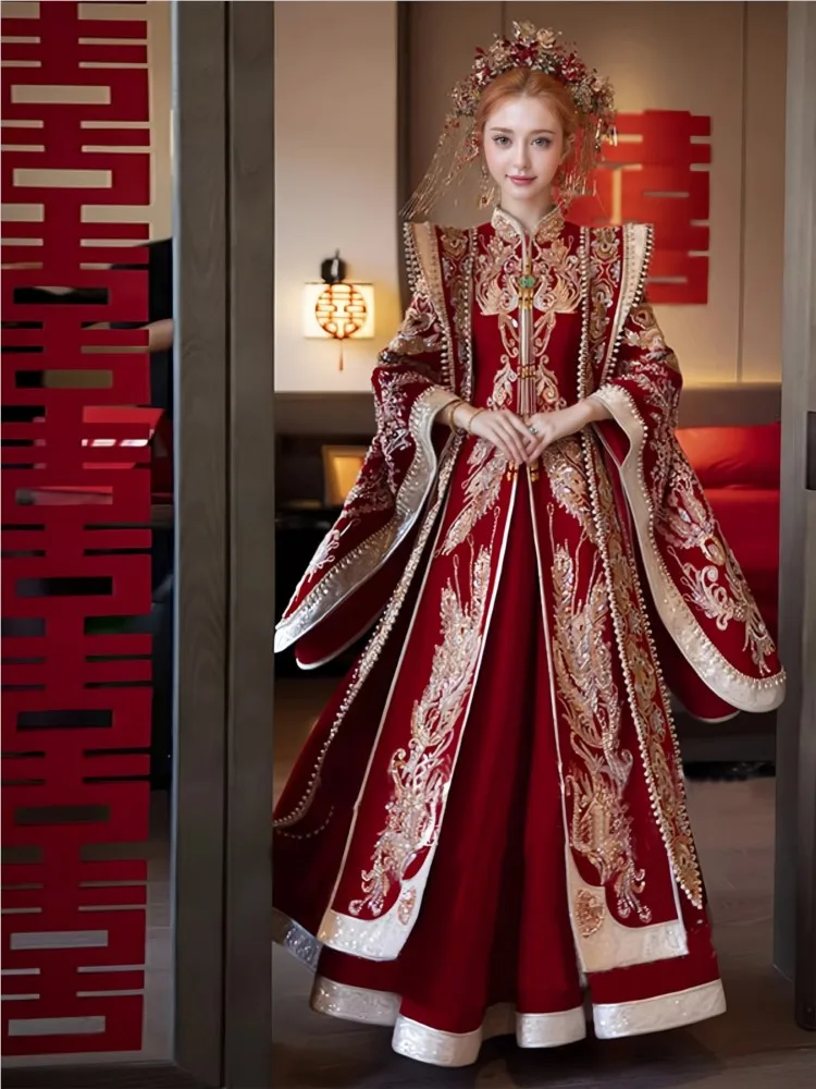 

Новый свадебный наряд, платье Cheongsam, корона Феникса в китайском стиле и красный