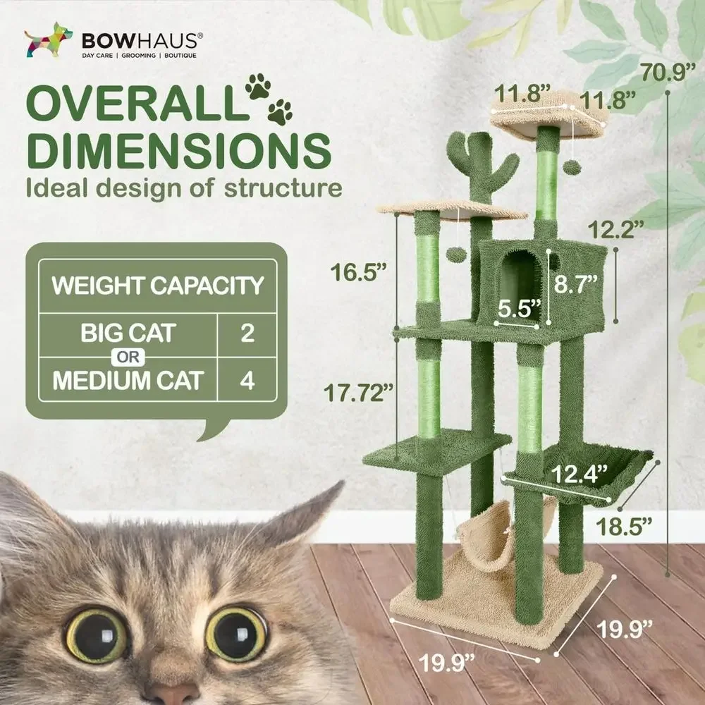 Multi-Level 70-Inch Cactus-Themed Cat Tree with Plush Perch, Scratching Posts, and Cave Condo for Large Cats and Kittens