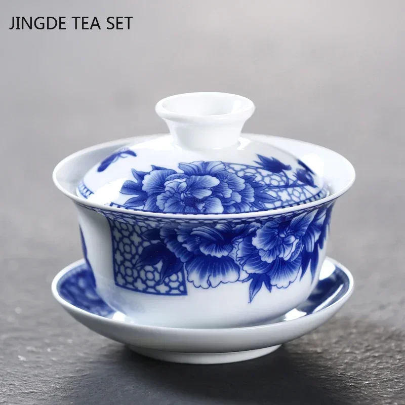 Jingdezhen White Porcelain Gaiwan Tea Cup Blue and White Porcelain Tea Maker Ceramic Handpainted Tea Bowl Tea Set Supplies