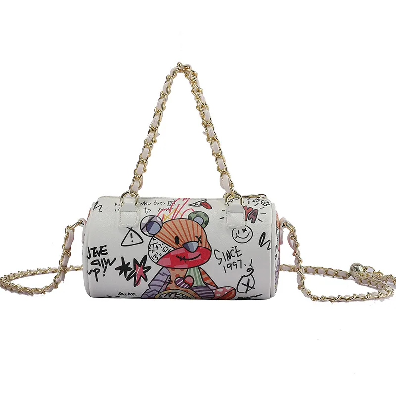 New Cartoon Bear Graffiti Cylindrical PU Leather Crossbody Bags for Women Ladies Fashionable Chain Shoulder Handbag Purses