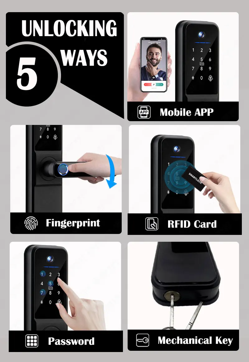 Tuya Wifi Digital Electronic intelligence Door Lock With Biometric Camera Fingerprint Smart Door Lock Card Password Key Unlock