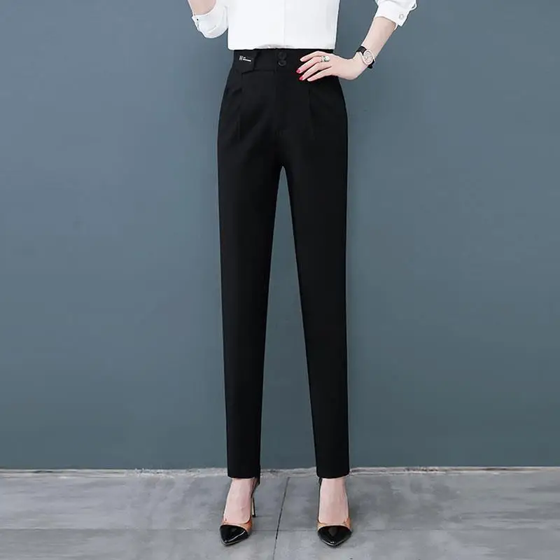 Office Lady Fashion High Waist Suits Pants Spring Autumn Korean Women Clothing Pockets Coffee Pencil Casual Straight Trousers