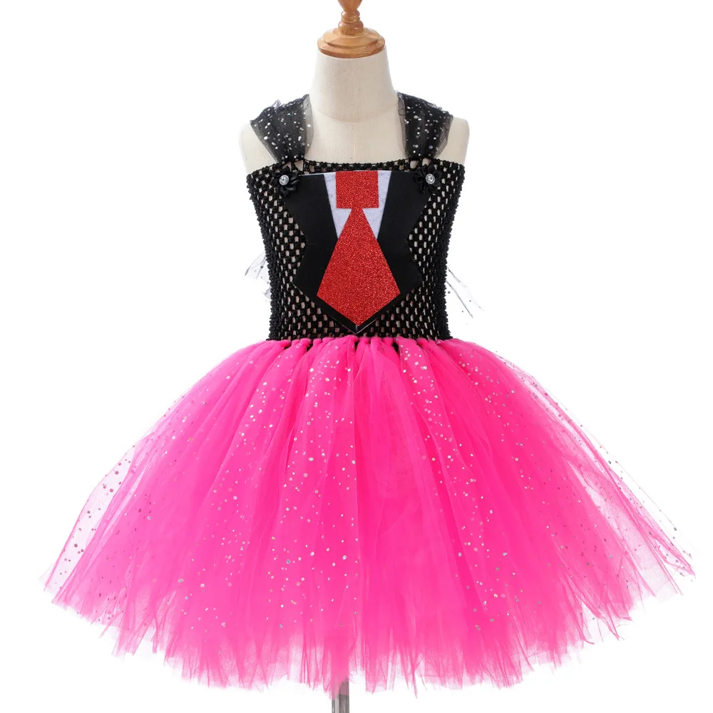 Vintage British Style Princess Style Glitter Tulle Skirt With Pink Hat Set For Halloween Party Stage Performance Dress Up Outfit
