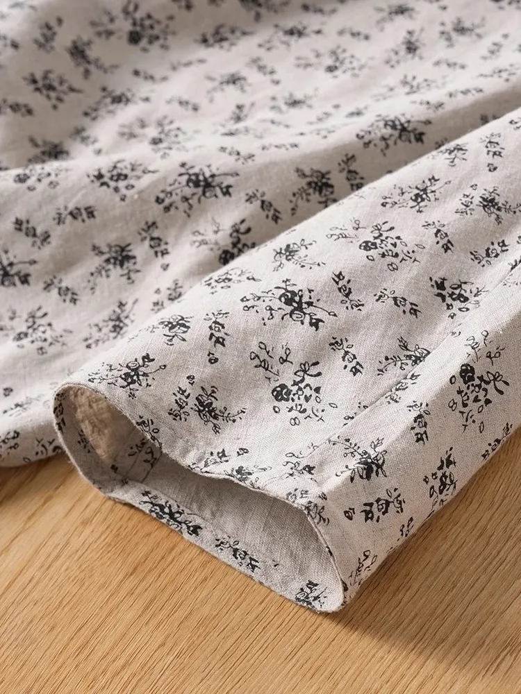 Bloemen katoen linnen T-shirt bedrukt 7/8 Sve groot formaat artistiek retro ontwerp eenvoudige top dames zomer vrijetijdskleding