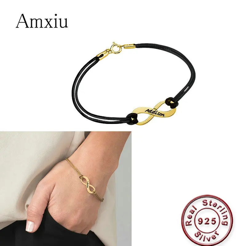 

Amxiu Custom Names Bracelets 925 Sterling Silver Bowknot Bracelet Bangle Personalized Leather Bracelet For Women Men Jewelry