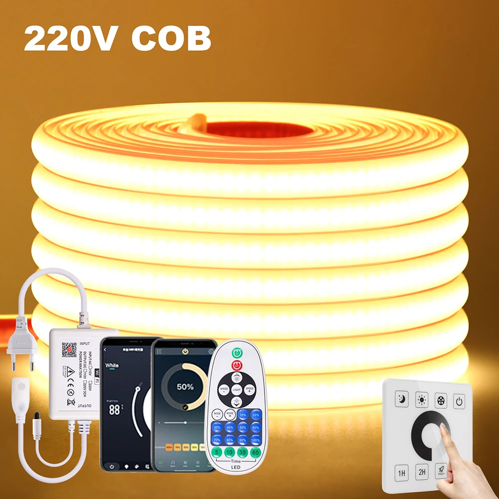 Bande lumineuse néon LED COB à intensité variable, Kit d'alimentation à distance, Wifi, Bluetooth, tactile mural, 220V, 23 touches, contrôleur, 288 diodes/m, lampe Flexible IP65
