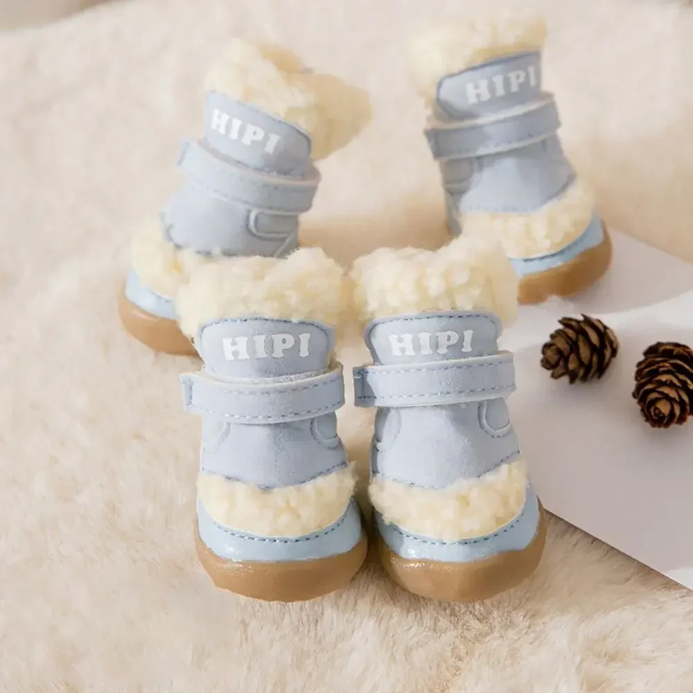 4pcs/set Anti-slip Dog Lamb Plush Shoes Thickened Breathable Winter Dog Shoes Warm Soft Dog Snow Boots Walking  Boots