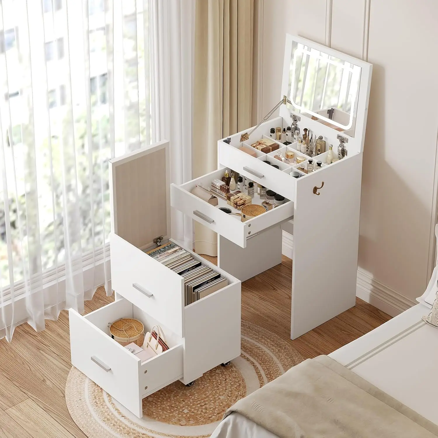 3-in-1 Flip Top Vanity Desk with 3 Drawers, LED Makeup Table with Stool, Bedroom Nightstand, White, Custom
