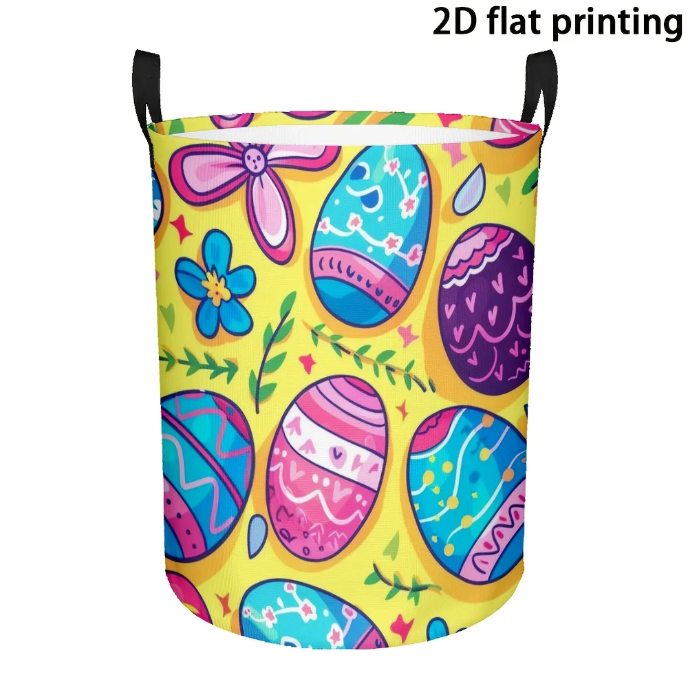 Easter Egg Pattern Laundry Hamper with Handles, Round Polyester Storage Basket, Portable Foldable Multi-Purpose