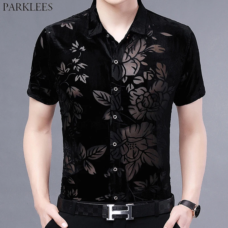 

Peony Floral Transparent Mens Dress Shirts 2023 Summer Short Sleeve Slim Fit Lace Shirt Men Casual Social See Through Sheer Top