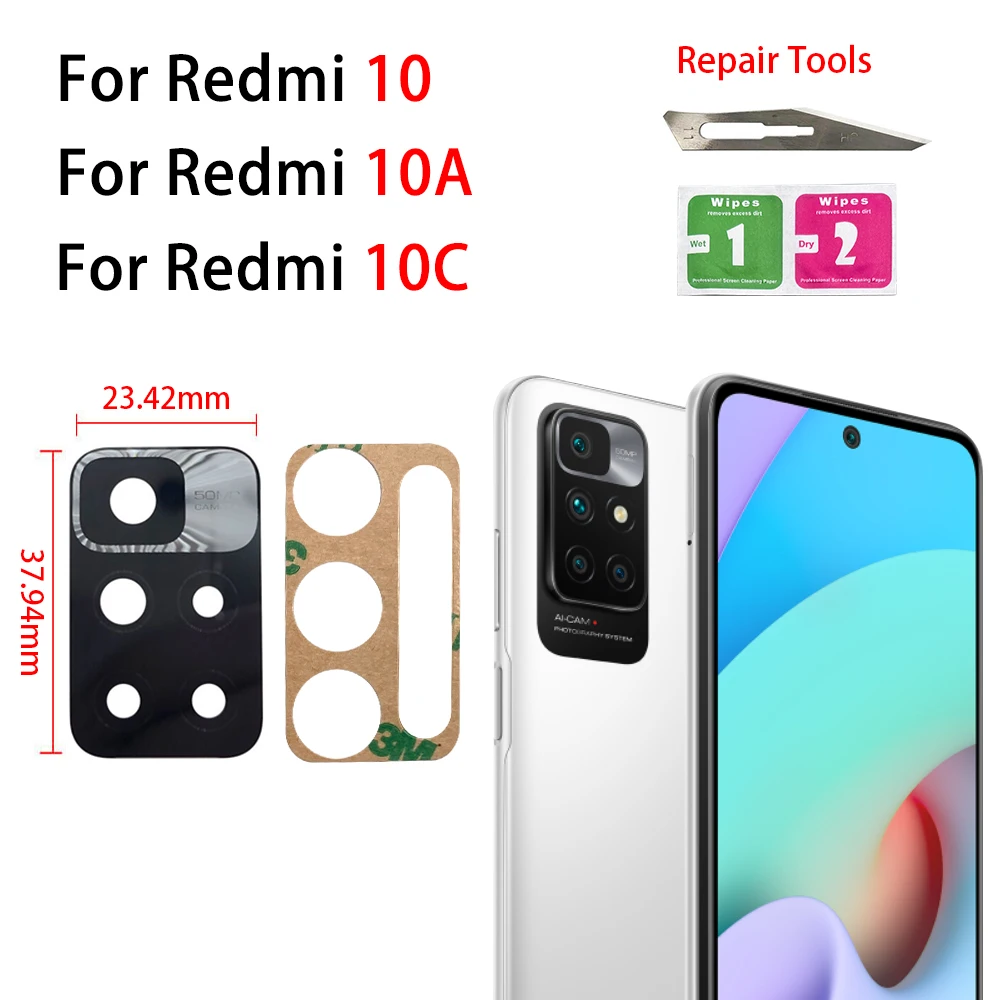 Lente de Cristal de cámara trasera para Xiaomi Redmi 12C 10A 10C 10 9T 9A 9C 9 8A 8 7 7A, repuesto con pegatina adhesiva