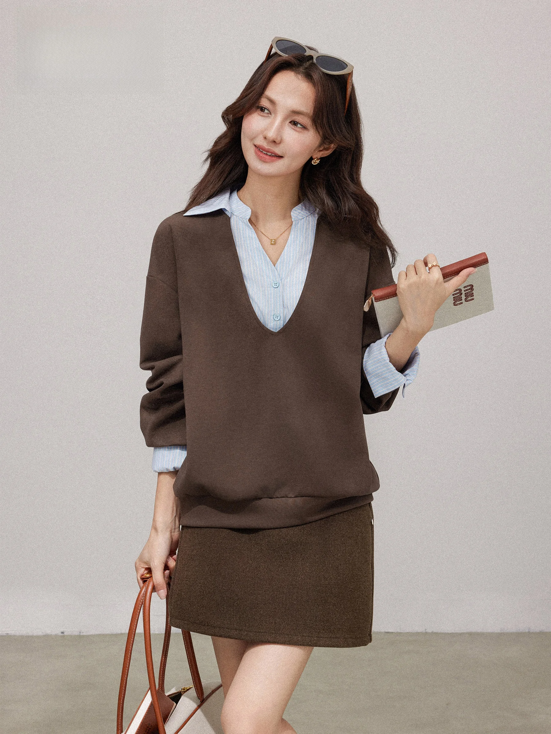 

Women's Ne Striped Sweatirt Autumn Winter New Vintage Mermaid False Two-Piece Loose Fit Long Sve Korean Sle