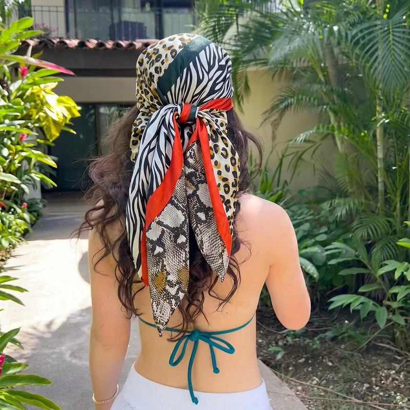 

Luxury Satin Square Scarf Summer Women Hijab Mixed Animal Print Patchwork Neck Tie Breathable Party Hair Scarf Headband Decor