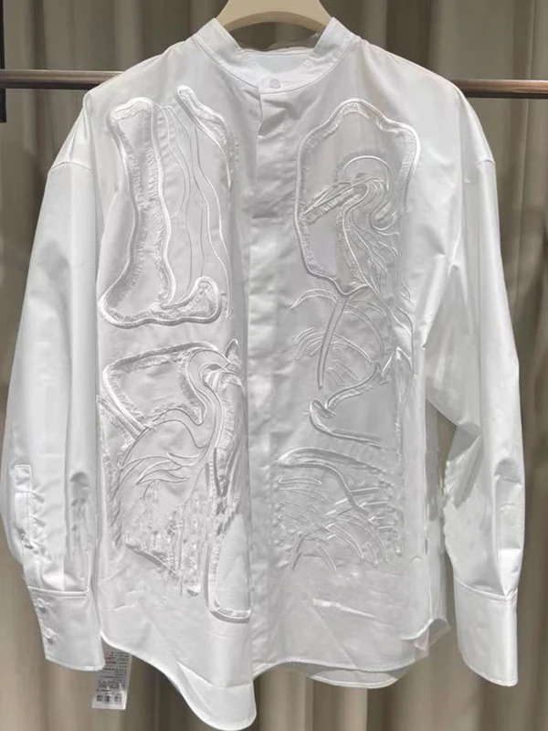 

Spring 2025 Loose Eastern Stork Embroidery irt White Design Sense Cotton Long Sve Women's Busin Casual Breathable irt