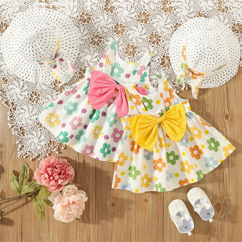 

Baby Girl Clothes Summer Bow And Flower Pattern Halter Baby Girl Dress Cute Casual Beach Girl Kid's Dress With Hat