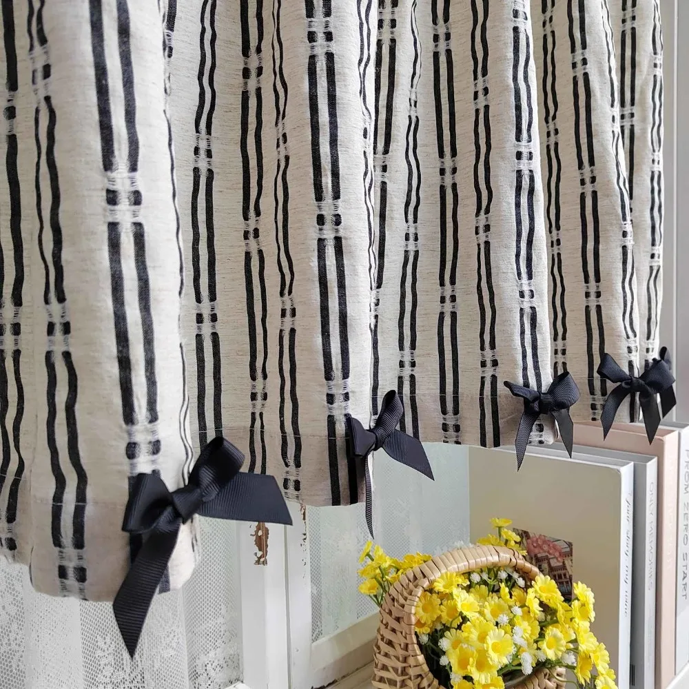 British Cotton Linen Cloth Striped Bow Short Curtains for Cafe, Office Small Window, Kitchen, Featured Home Decor