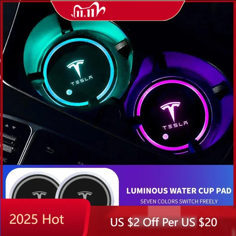 

Car Sticker 2Pcs Car LED Coaster Light Water Cup Bottle Holder Interior Mat for Tesla Model 3 Model S Roadster Cybertuck Model X