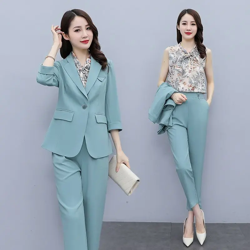 Suit Set Women\'s Spring and Autumn 2023 New Korean Fashion Green Three Piece Set Fall Two Piece Outfits for Women Pant Sets