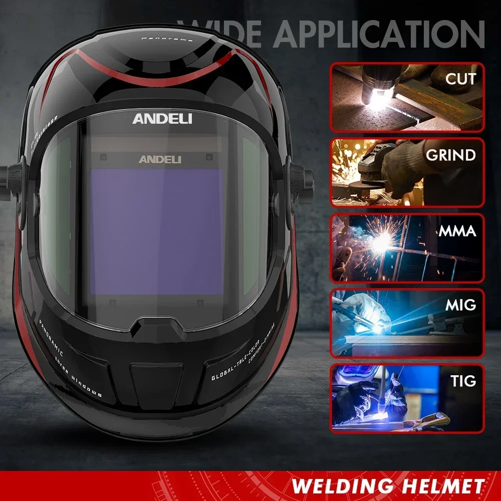 ANDELI Auto Darkening Welding Helmet Large Screen 180 View True Color Solar Welder Mask 4 ARC Sensors 1/1/1/2 Optical Weld Hood