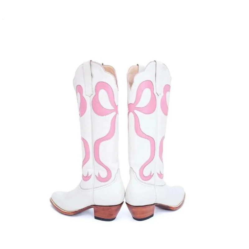 2024 New Bowknot Embroidered Western Cowboy Boots Pointed Toe Chunky Heel Mixed Color Thigh High Versatile Retro Fashion Boots