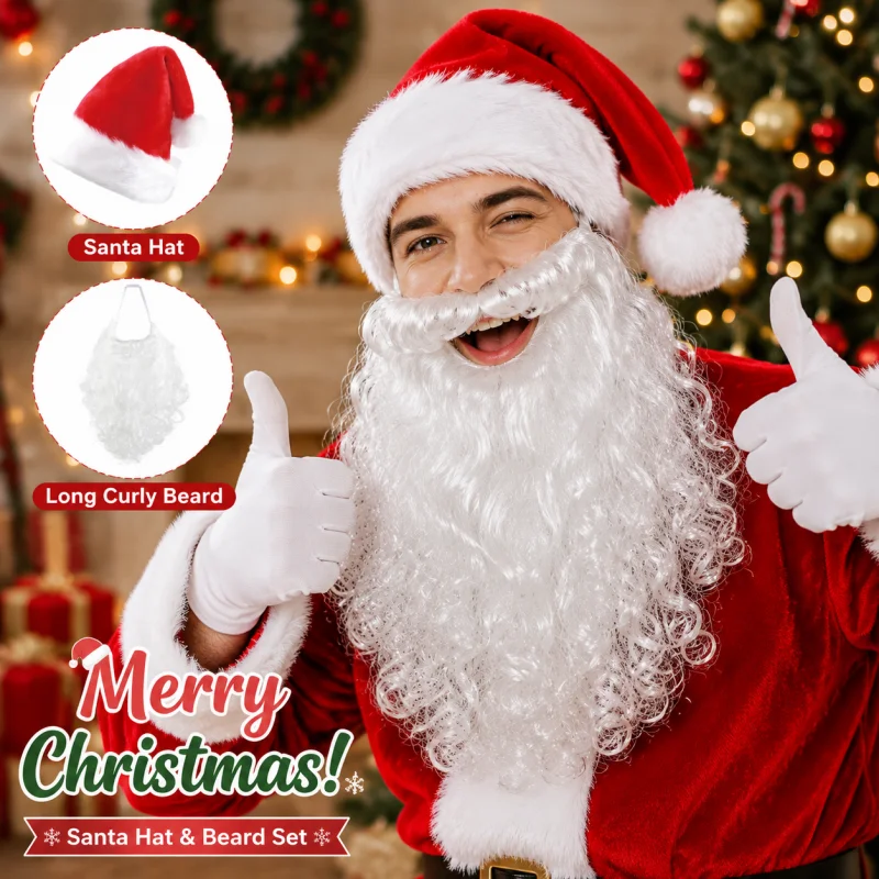 Conjunto de Cosplay de Papá Noel con Barba Rizada Sintética y Gorro Navideño de Terciopelo Rojo, Accesorios para Fiestas de Navidad y Juegos de Rol