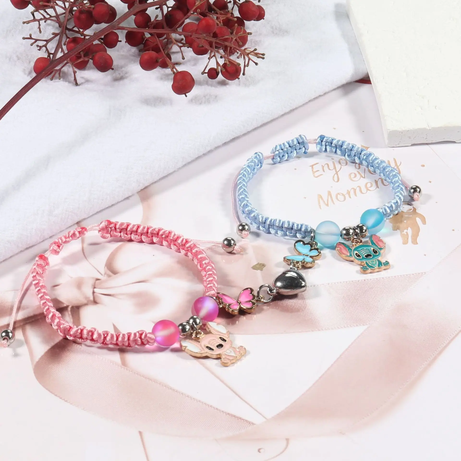 New Disney Stitch Beaded Woven Bracelet Cartoon Figure Mickey Couple Love Shaped Magnetic Bracelet Women Jewelry Accessories