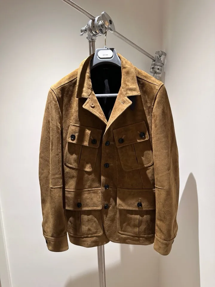 Mens Vintage Hunting Leather Jacket 2026 New Notched Lapel Patch Pocket Button Closure
