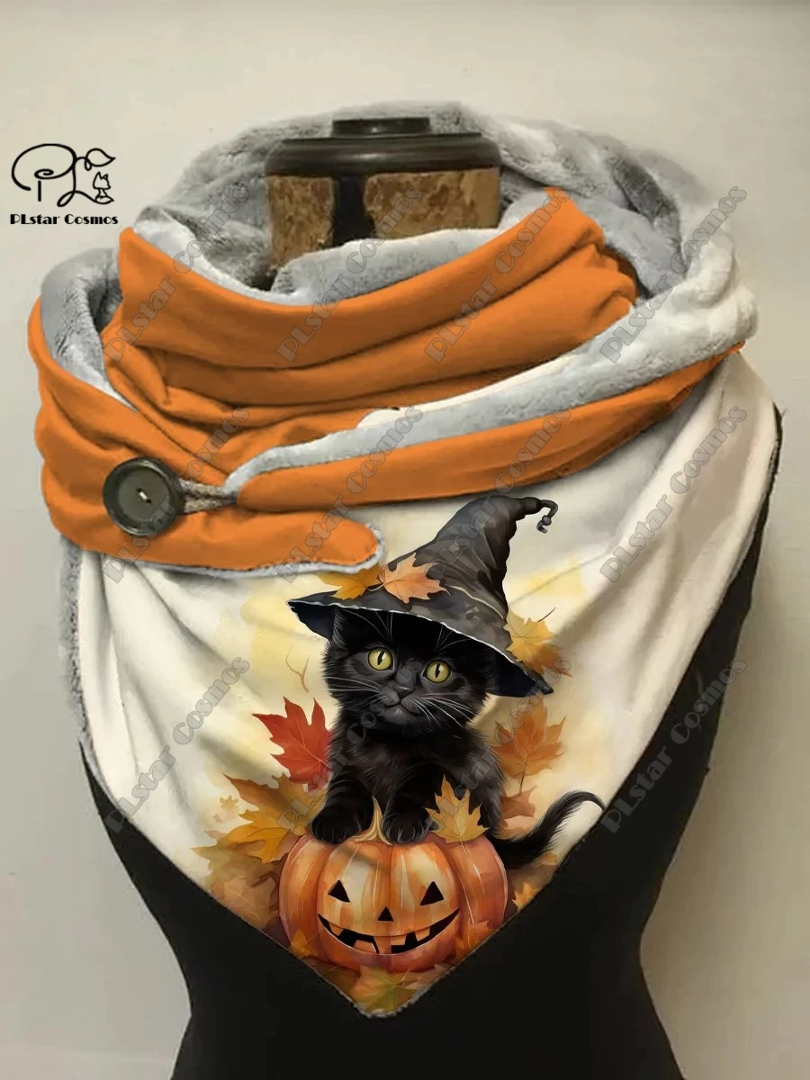 3D printed Halloween series horror pumpkin black cat crow owl pattern female warm shawl spring and winter small triangle scarf