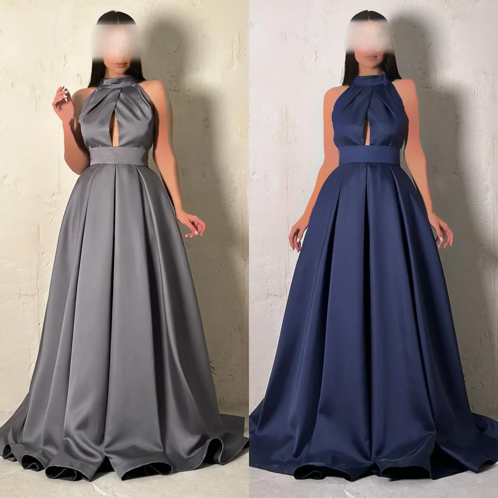 Yipeisha personalizado para graduación, vestidos de quinceañera acampanados con cuello Halter a juego, vestido drapeado largo de Año Nuevo para mujer, vestido azul