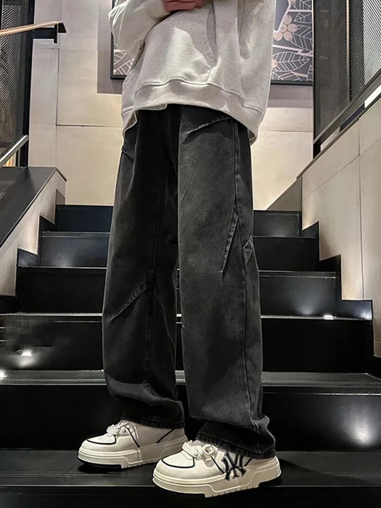 

Retro American Folded Denim Jeans Men's Trendy Loose Straight Leg Wide Leg Casual Long Pants Autumn Winter Wear Resistant