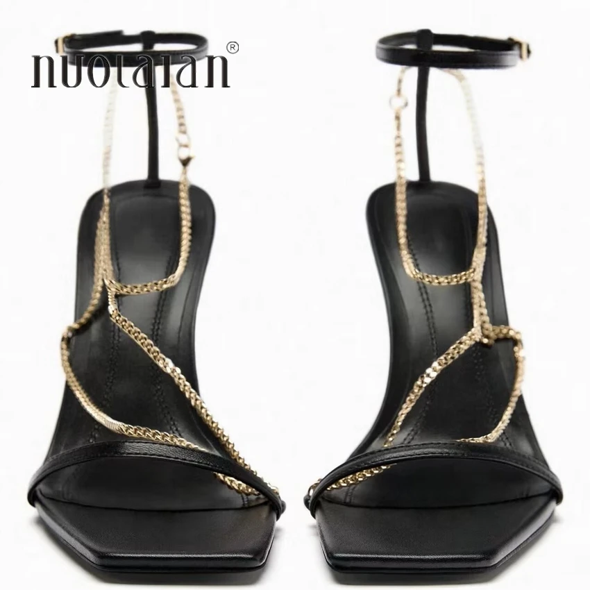 2024 Gladiator Sandals Summer High Heels Sandal Shoes Fashion Gold Chain Sexy Thin High Heel Pumps Square Toe Shoes Women