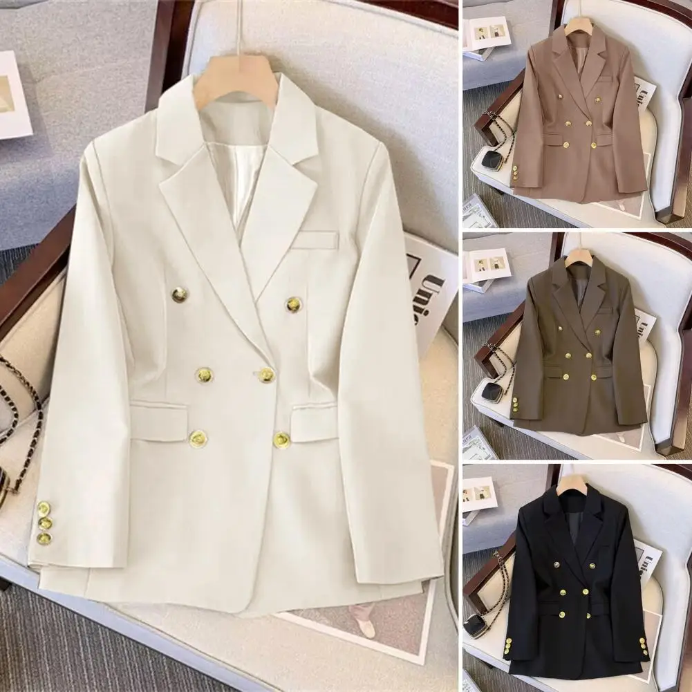 Setelan jas wanita elegan, setelan jas wanita elegan, jaket Double Breasted dengan kerah Lapel, kantong Flap, tipis, warna Solid, untuk kantor