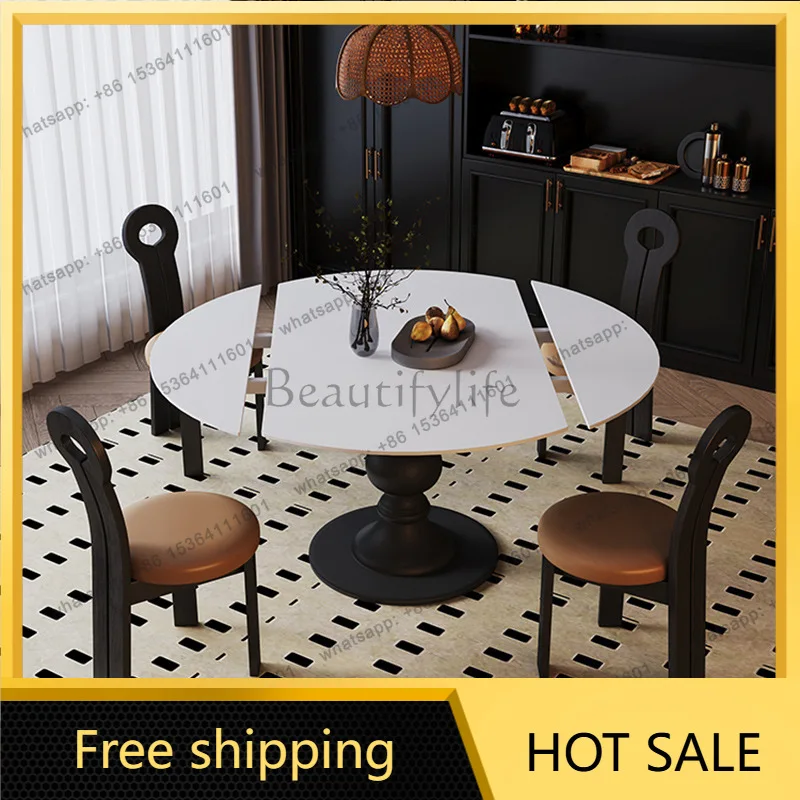 Factory Direct Sales French Solid Wood Rotating Round Dining Table Retro Black Round Simple Retractable