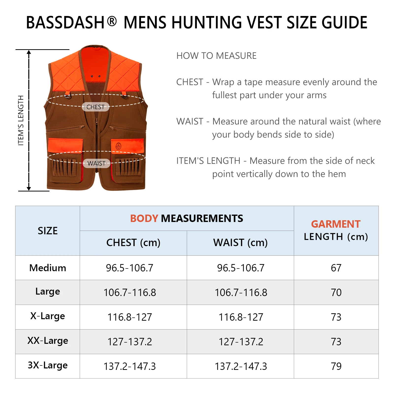 BASSDASH Men Women Multi Pockets Upland Field Bird Hunting Vest Blaze Orange Brown Water Resistant Rip Stop