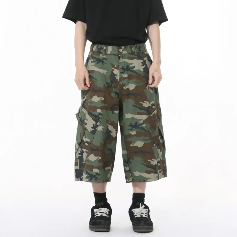 

SYUHGFA American Style Men's Jeans Camouflage Side Pockets Patchwork Casual Straight Wide Leg Baggy Male Denim Shorts Summer