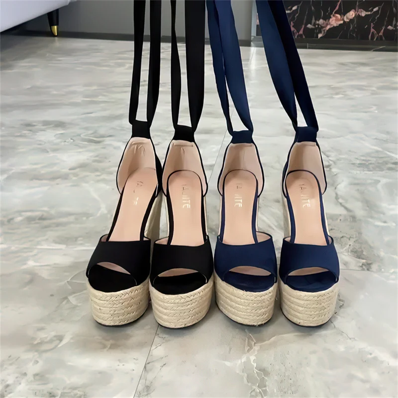 Espadrille Platform Wedge Sandals for Women Cross Band Dressy Lace-up Straw Shoe Open Toe High Heel Sandals Summer Beach Shoes