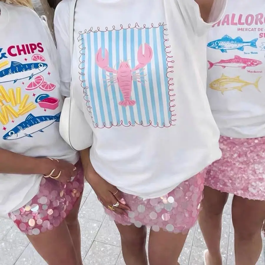 Chic Sweet Preppy Lobster Print Oversized White T-Shirt | Pink & Blue Striped Coastal Graphic Tee | Beach Vacation Casual Top
