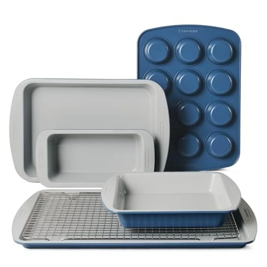 

Rise Ceramic Baking Pans Set, Non stick Essential Bakeware for Cookies, Loafs, Cakes, Brownies and Muffins