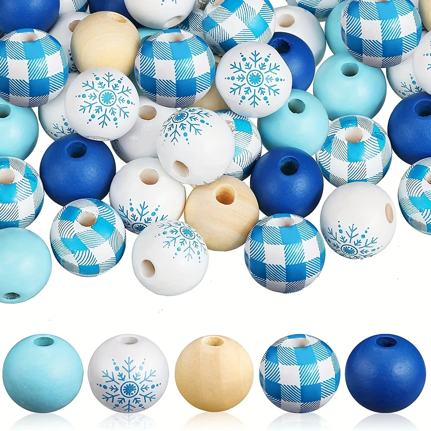 Winter Snowflake Wooden Beads Blue White Buffalo Plaid Round Wood Beads DIY Christmas Garland Ornament Holiday Craft Decor