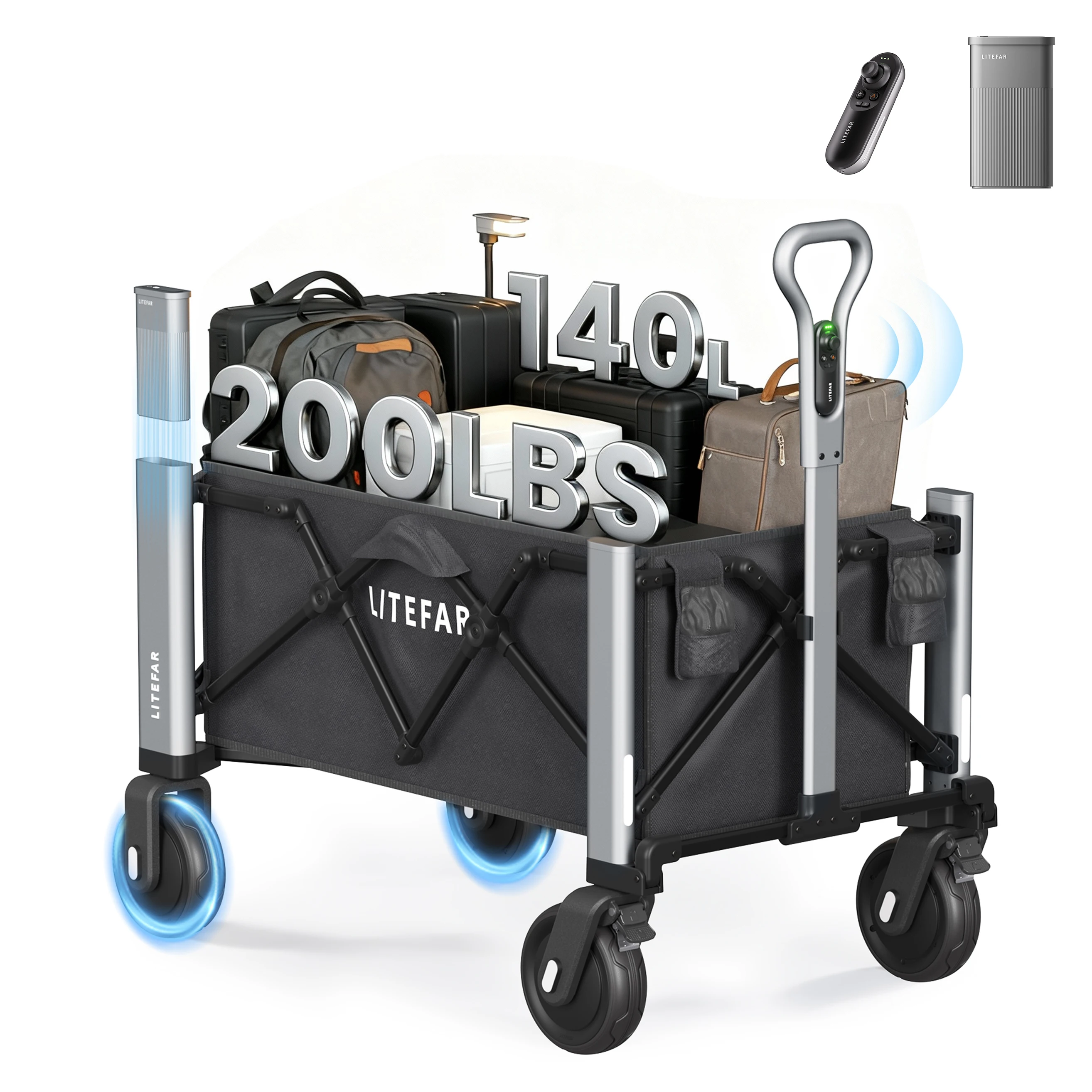 Электрическая складная тележка с дистанционным управлением LITEFAR, складная тележка 140 л/200 фунтов, аккумулятор 24 000 мАч, для кемпинга, сада, приключений