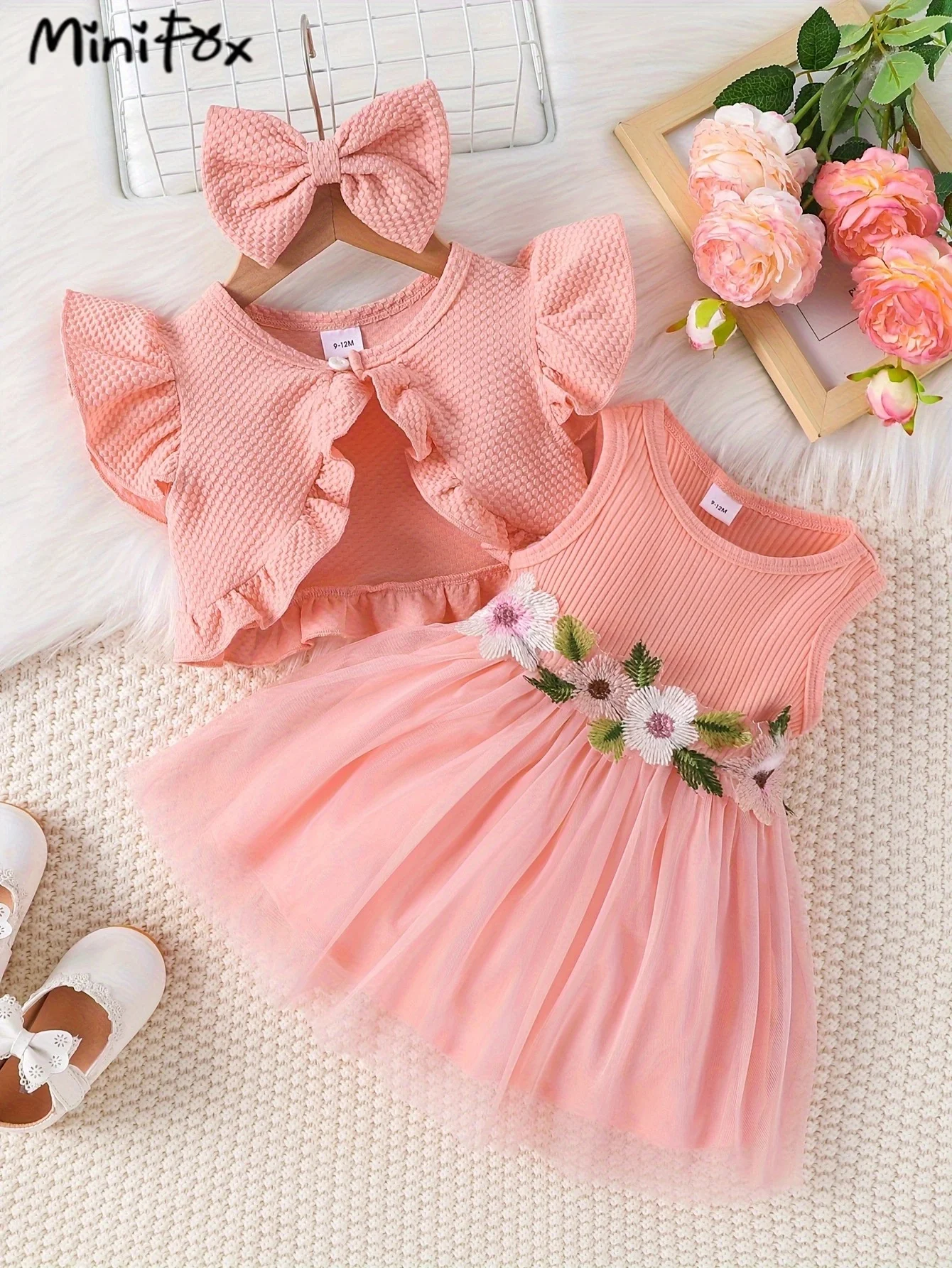 

Prowow Baby Dresses With Coat Pink Waffles Cardigan and Embroidery Dress Princess Birthday Party Dress For Girls Baby Kids