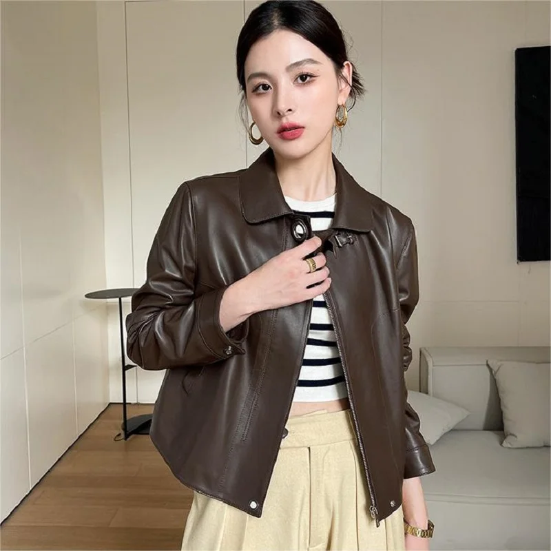 Coffe Sheepskin Coat for Women Autumn Winter Short Double Pockets Slim Lapel Motorcycle Zipper Genuine Leather Jacket Overcoat