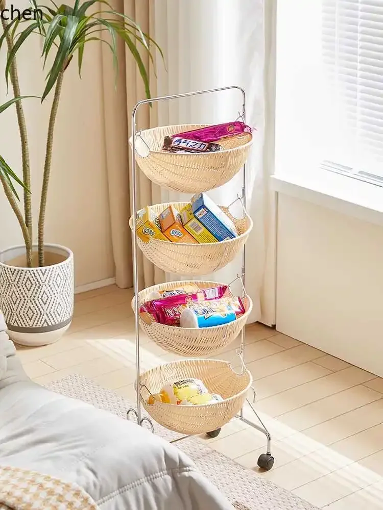 

HXL Kitchen Storage Rack Movable Snack Cart Rattan Multi-layer Storage Organizer